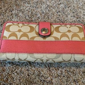 Coach tan and coral logo zip around wallet